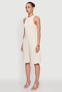 Womens High Waisted Crepe Knit Tailored Bermuda Shorts, Khaki, Size M