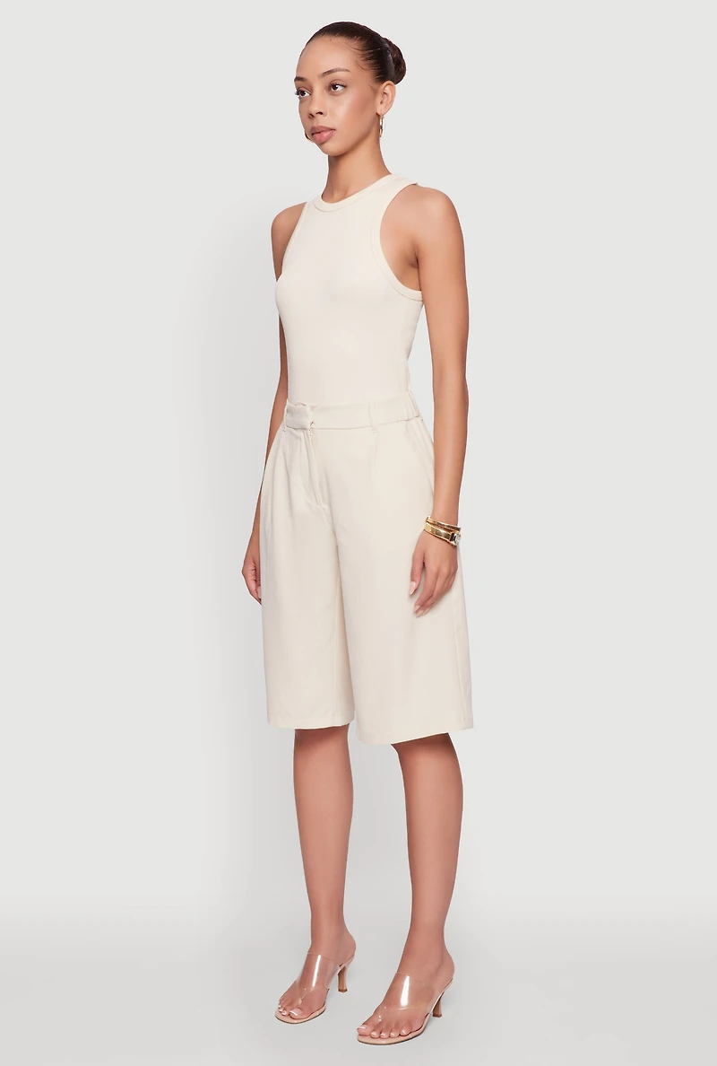 High Waisted Crepe Knit Tailored Bermuda Shorts