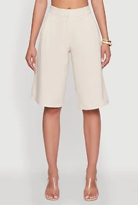 Womens High Waisted Crepe Knit Tailored Bermuda Shorts, Khaki, Size L