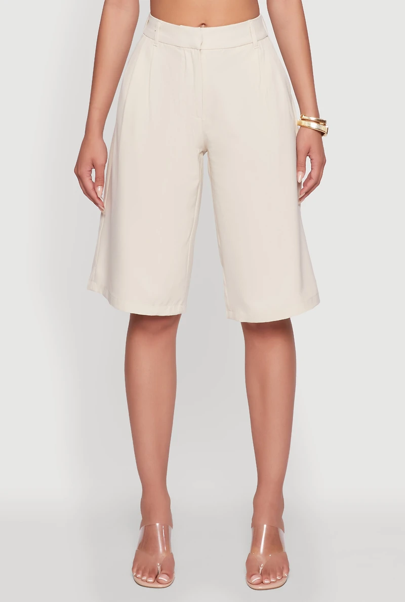 Womens High Waisted Crepe Knit Tailored Bermuda Shorts, Khaki, Size M