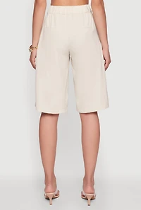 Womens High Waisted Crepe Knit Tailored Bermuda Shorts, Khaki, Size L
