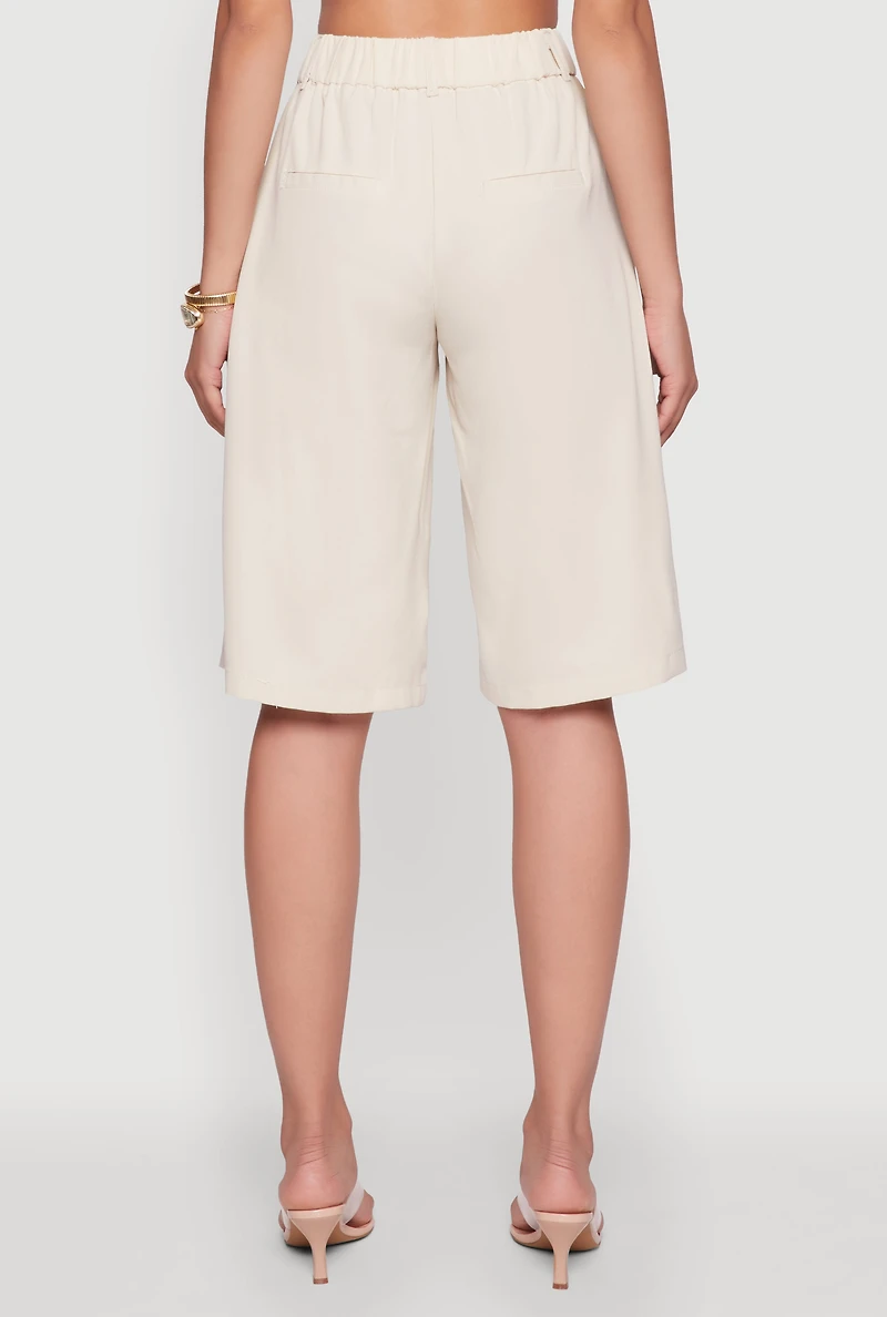 Womens High Waisted Crepe Knit Tailored Bermuda Shorts, Khaki, Size M