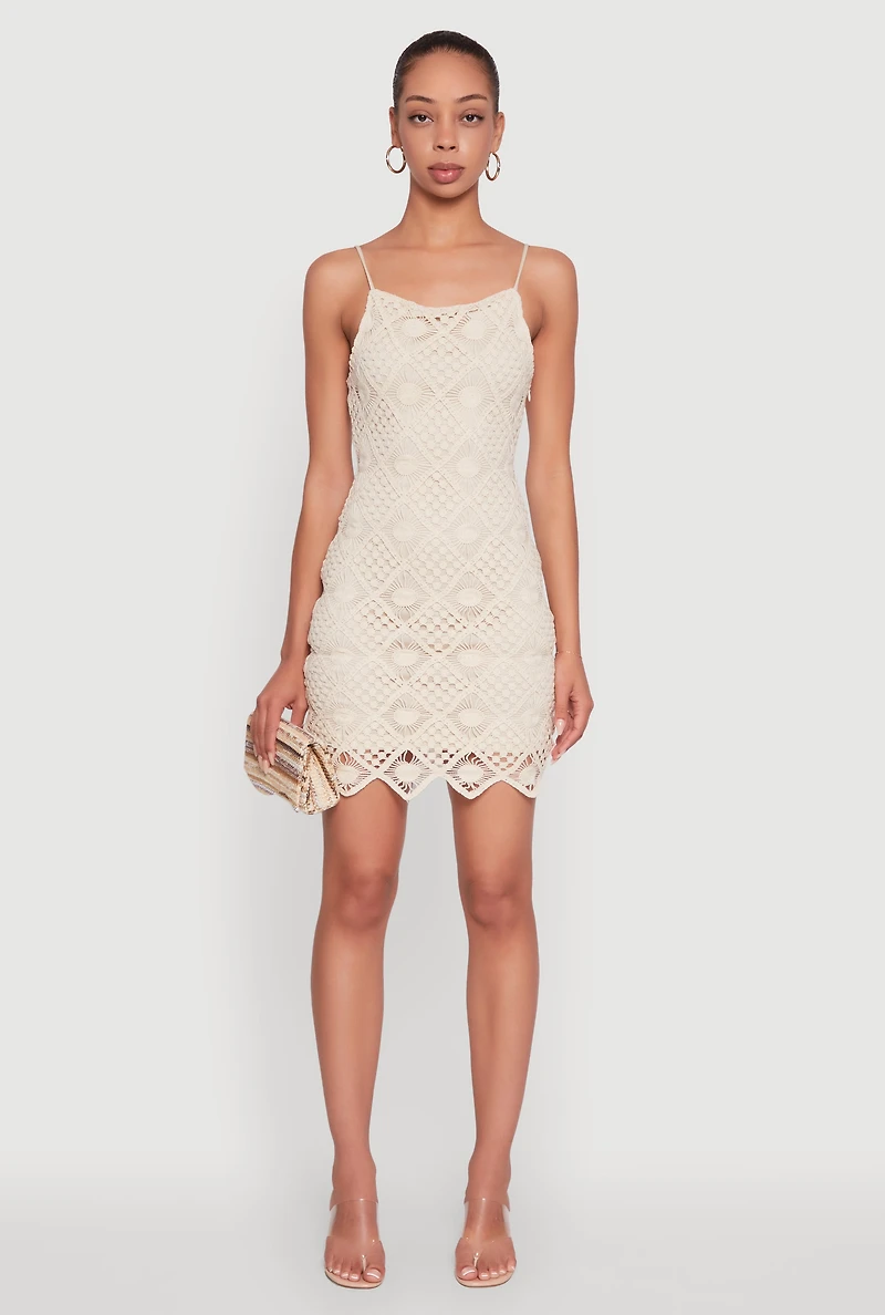 Womens Trendy Patterned Crochet Sleeveless Dress, Beige,