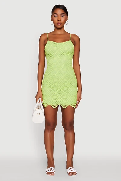 Womens Trendy Patterned Crochet Sleeveless Dress, Green, Size XS