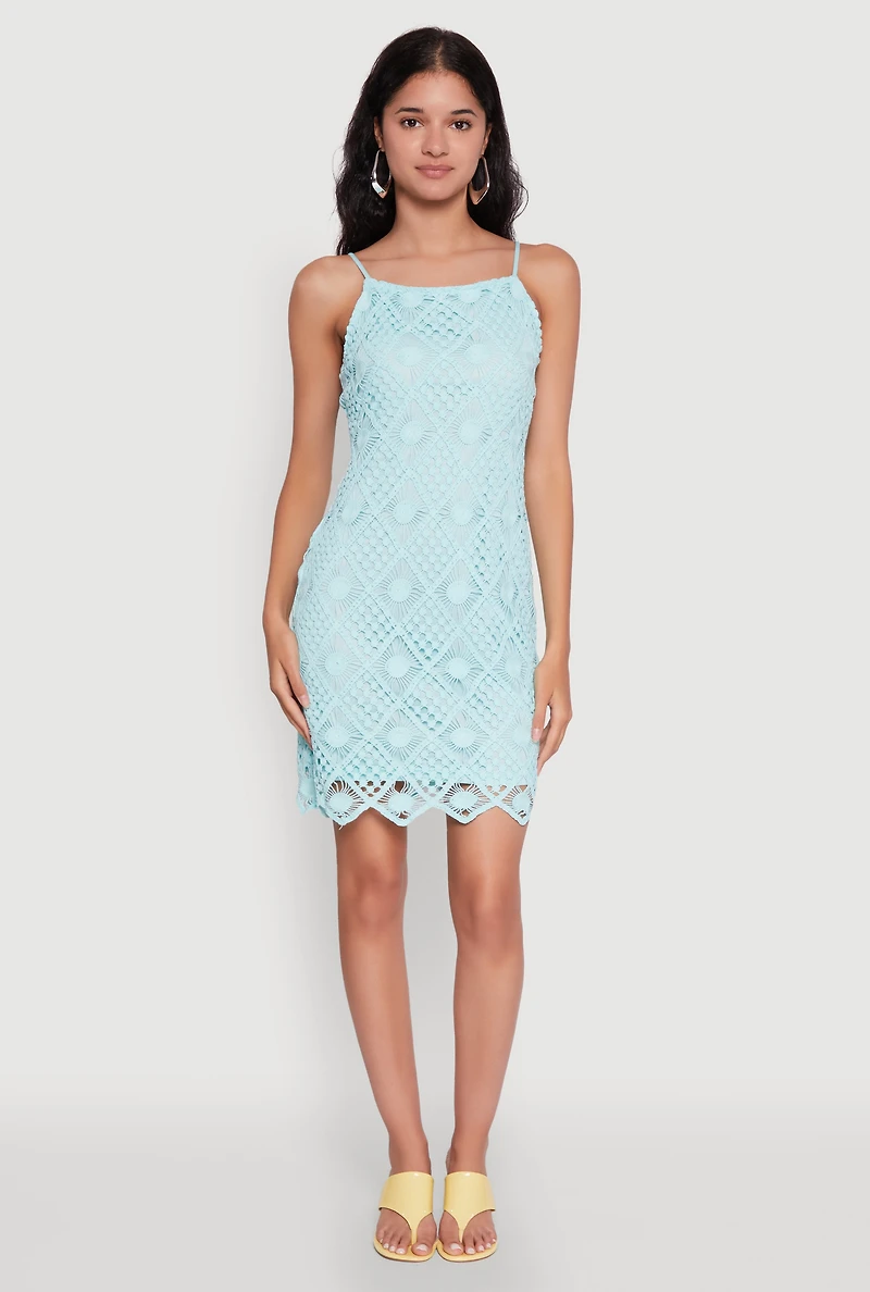 Womens Trendy Patterned Crochet Sleeveless Dress, Blue, Size XL
