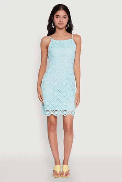 Womens Trendy Patterned Crochet Sleeveless Dress, Blue, Size XL