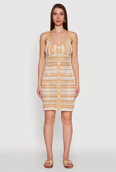 Womens Trendy Striped Crochet V-Neck Sleeveless Sundress with Faux Buttons, Multi, Size M