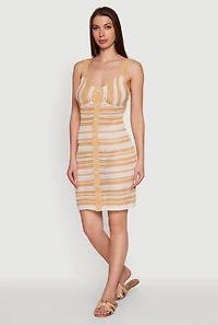 Trendy Striped Crochet V-Neck Sleeveless Sundress with Faux Buttons