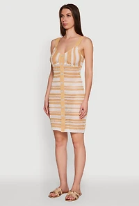 Womens Trendy Striped Crochet V-Neck Sleeveless Sundress with Faux Buttons, Multi, Size M
