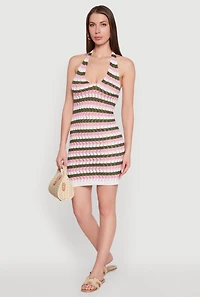 Womens Trendy Crochet Striped Halter Dress, Multi, Size M
