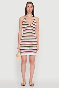 Womens Trendy Crochet Striped Halter Dress, Multi, Size M