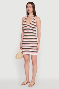 Womens Trendy Crochet Striped Halter Dress, Multi, Size M
