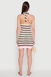 Womens Trendy Crochet Striped Halter Dress, Multi,