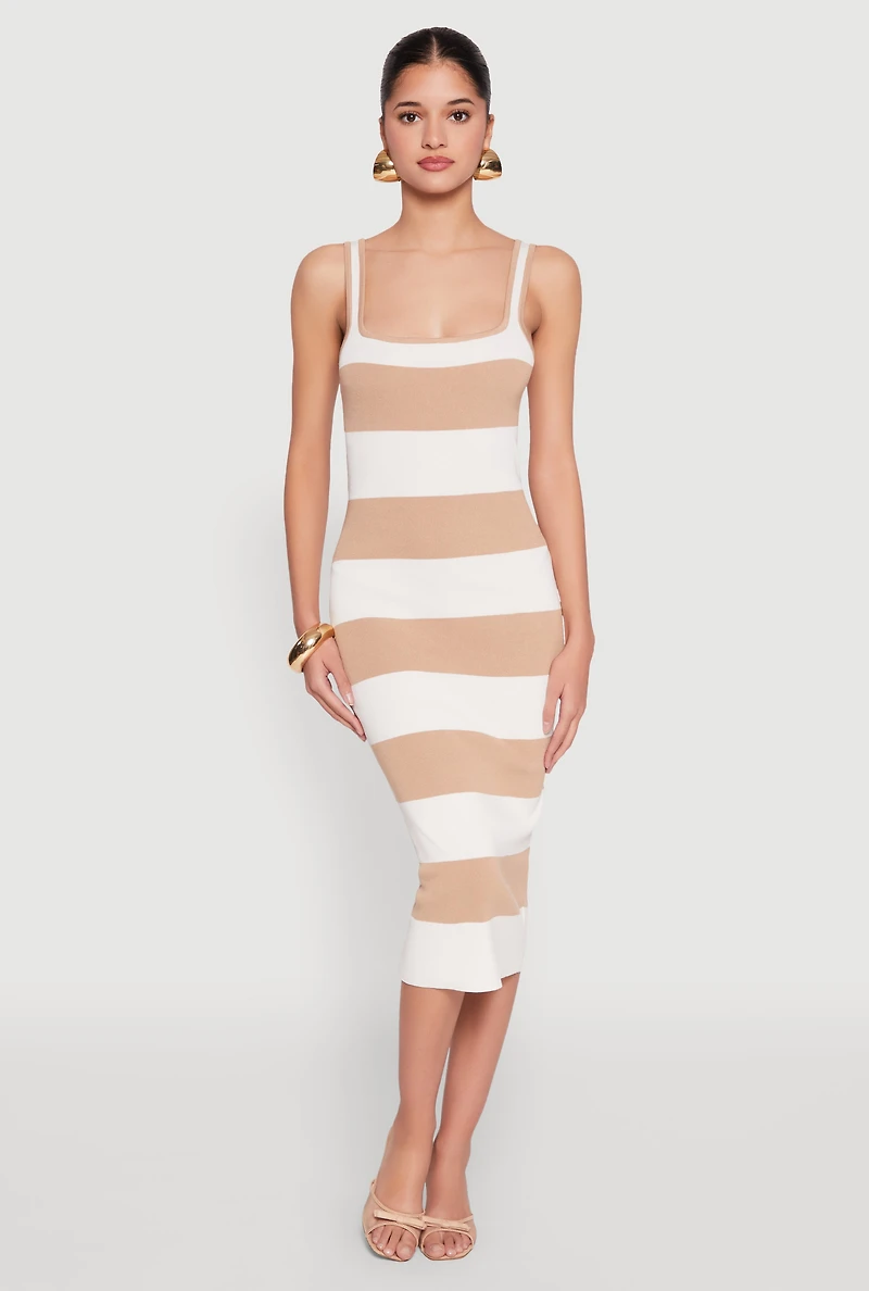 Womens Open Tie Back Sleeveless Striped Bodycon Dress, Beige, Size L