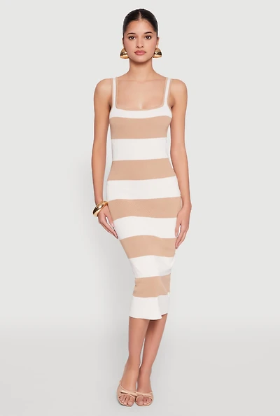 Womens Open Tie Back Sleeveless Striped Bodycon Dress, Beige, Size L