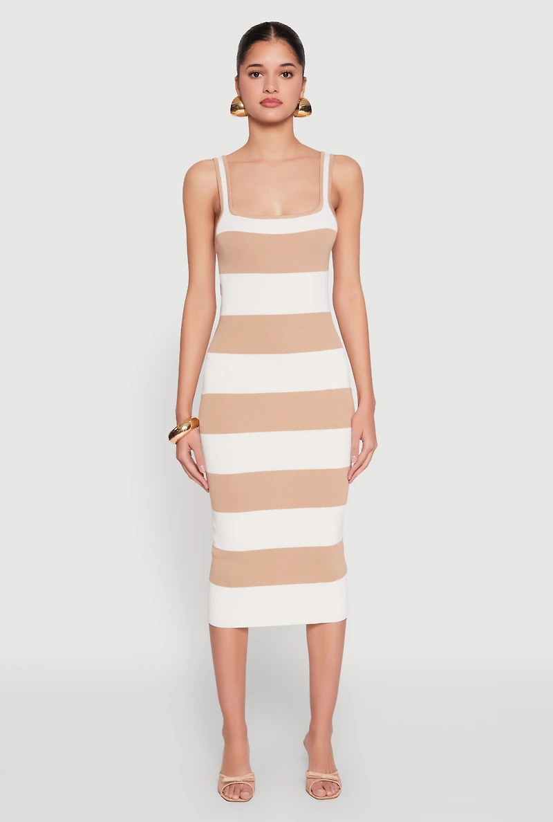 Womens Open Tie Back Sleeveless Striped Bodycon Dress, Beige, Size L