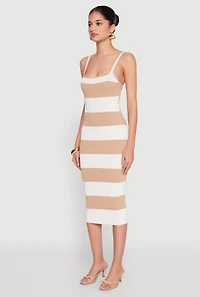 Womens Open Tie Back Sleeveless Striped Bodycon Dress, Beige, Size L