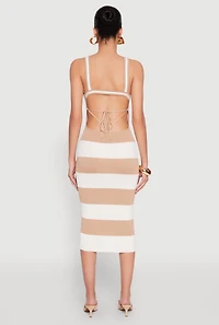 Womens Open Tie Back Sleeveless Striped Bodycon Dress, Beige, Size L