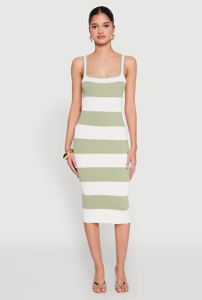 Womens Open Tie Back Sleeveless Striped Bodycon Dress, Green, Size L