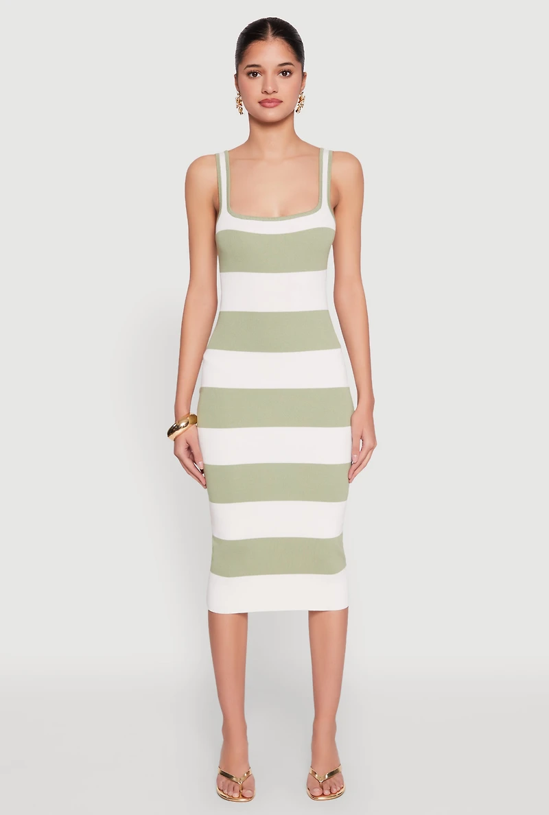 Womens Open Tie Back Sleeveless Striped Bodycon Dress, Green, Size M
