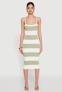 Womens Open Tie Back Sleeveless Striped Bodycon Dress, Green, Size M