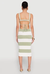 Womens Open Tie Back Sleeveless Striped Bodycon Dress, Green, Size XL
