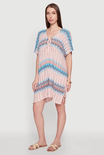 Womens Stylish Crochet V-Neck Cover Up Dress with Tie Front, Multi, Size S