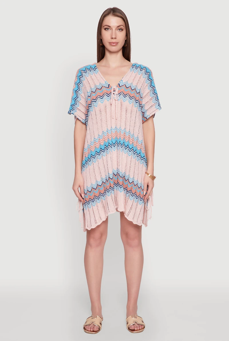 Stylish Crochet V-Neck Cover Up Dress with Tie Front