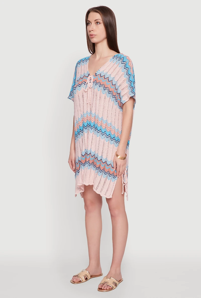 Stylish Crochet V-Neck Cover Up Dress with Tie Front