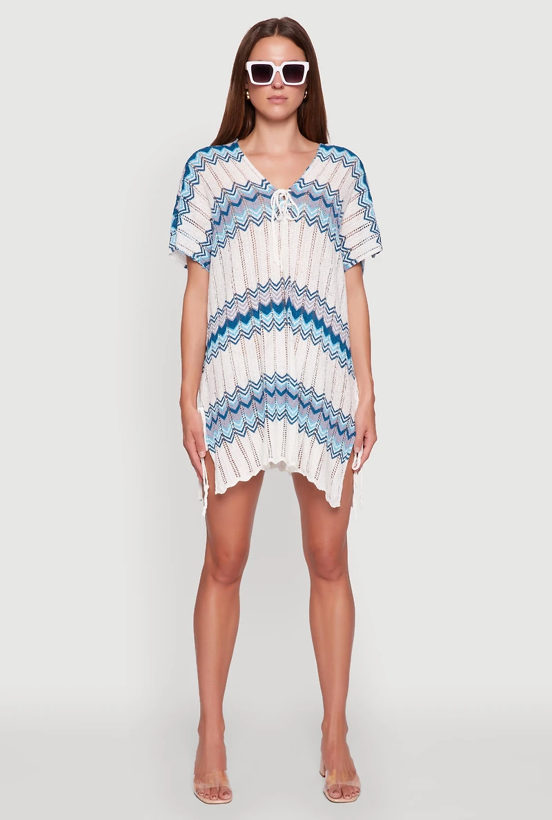Womens Stylish Crochet V-Neck Cover Up Dress with Tie Front,