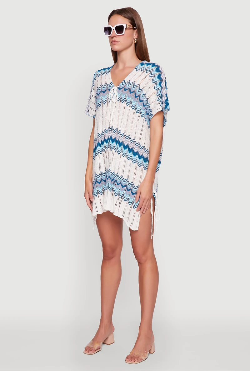 Womens Stylish Crochet V-Neck Cover Up Dress with Tie Front,