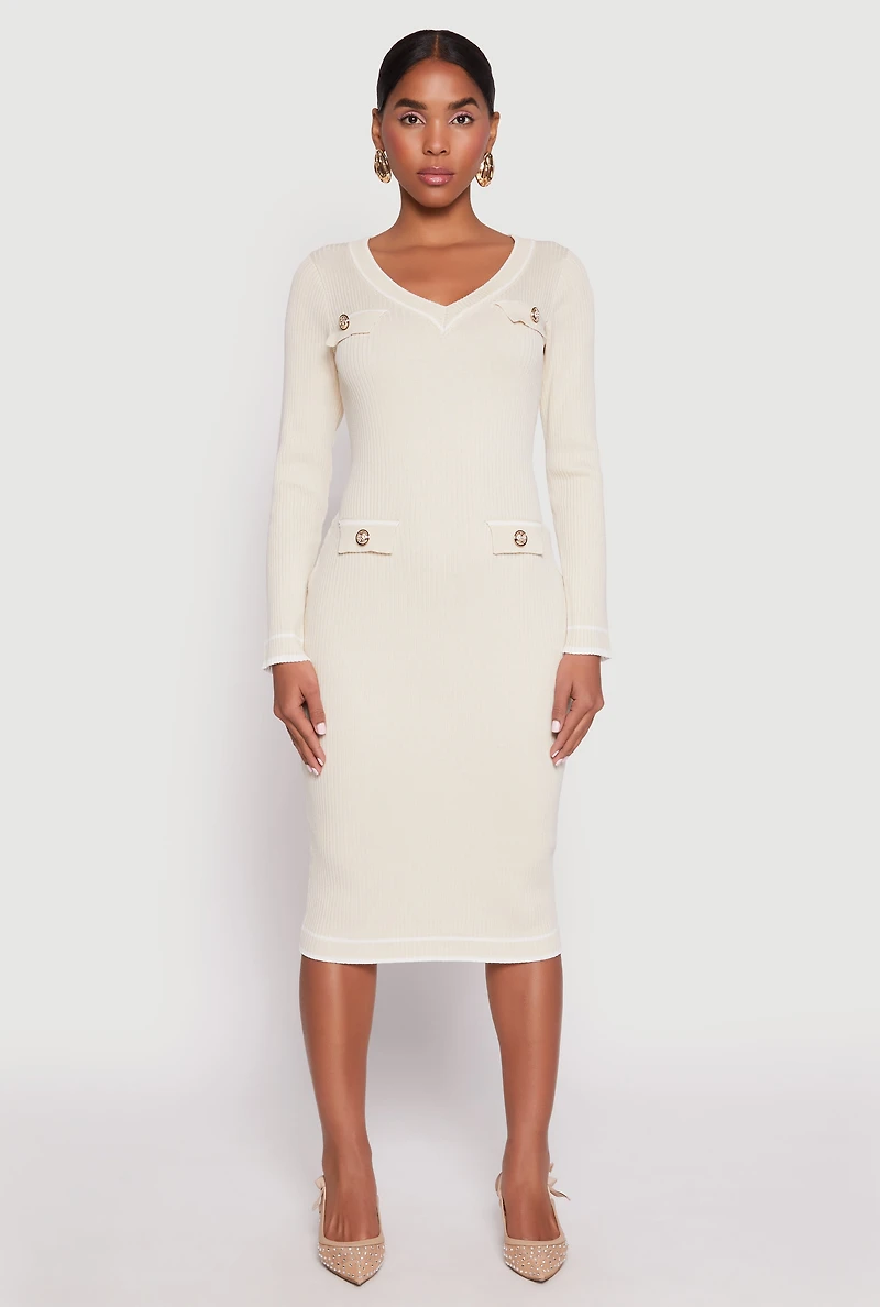 Womens Daisy Ribbed Knit Contrast Trim Sweater Dress, Beige, Size XL