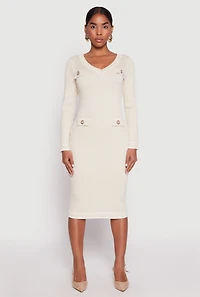 Womens Daisy Ribbed Knit Contrast Trim Sweater Dress, Beige, Size XL