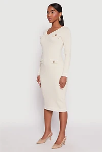 Womens Daisy Ribbed Knit Contrast Trim Sweater Dress, Beige, Size XL