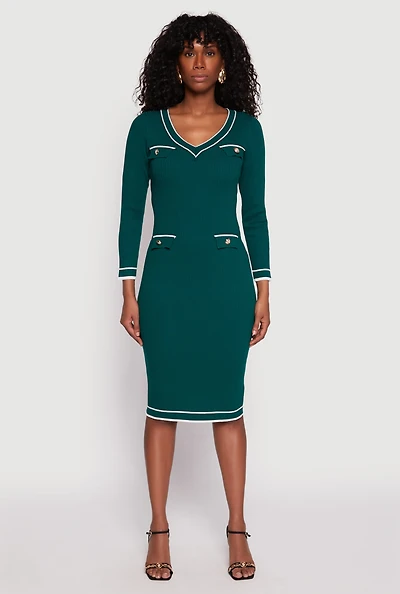 Womens Daisy Ribbed Knit Contrast Trim Sweater Dress, Green, Size S