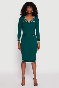 Womens Daisy Ribbed Knit Contrast Trim Sweater Dress, Green, Size S