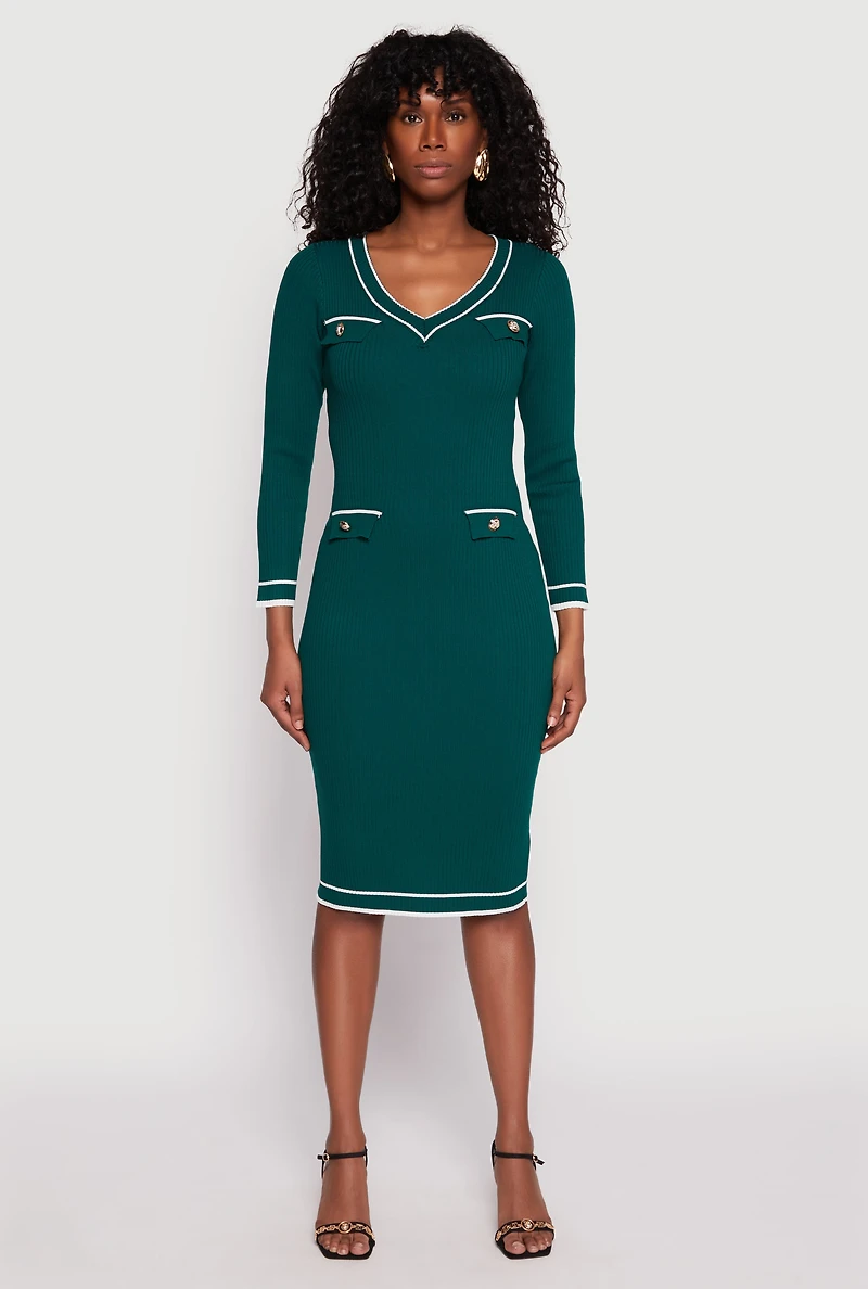 Womens Daisy Ribbed Knit Contrast Trim Sweater Dress,