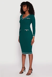 Womens Daisy Ribbed Knit Contrast Trim Sweater Dress, Green, Size S