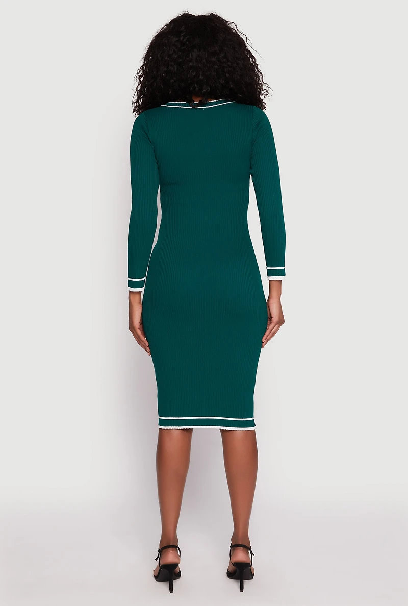 Womens Daisy Ribbed Knit Contrast Trim Sweater Dress,