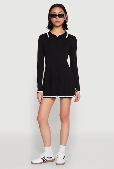 Womens Daisy Pleated Contrast Trim Sweater Dress,