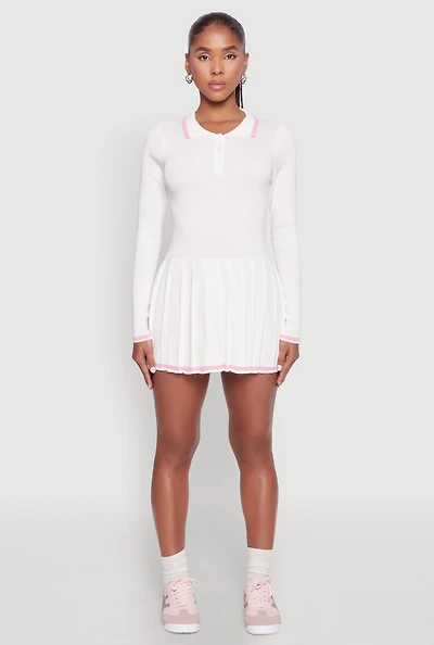 Womens Daisy Pleated Contrast Trim Sweater Dress, White,