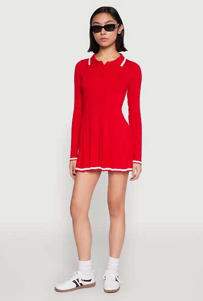 Womens Daisy Pleated Contrast Trim Sweater Dress,