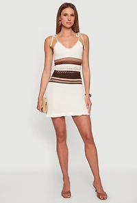 Color Blocked Striped Waist Tie Shoulder Crochet Dress