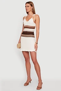 Color Blocked Striped Waist Tie Shoulder Crochet Dress