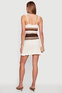 Color Blocked Striped Waist Tie Shoulder Crochet Dress