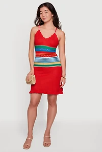 Color Blocked Striped Waist Tie Shoulder Crochet Dress