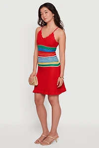 Color Blocked Striped Waist Tie Shoulder Crochet Dress