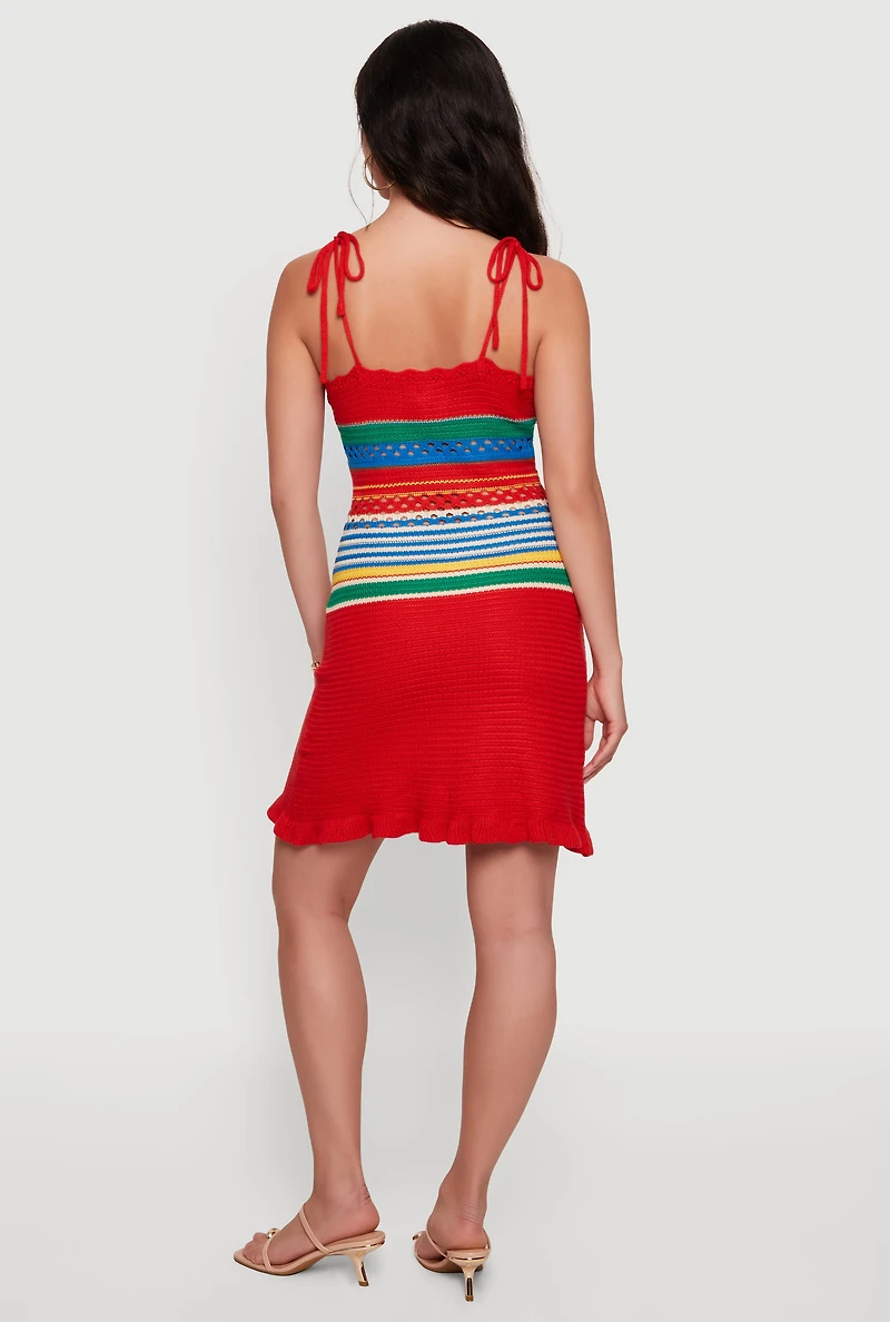 Color Blocked Striped Waist Tie Shoulder Crochet Dress