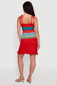 Color Blocked Striped Waist Tie Shoulder Crochet Dress