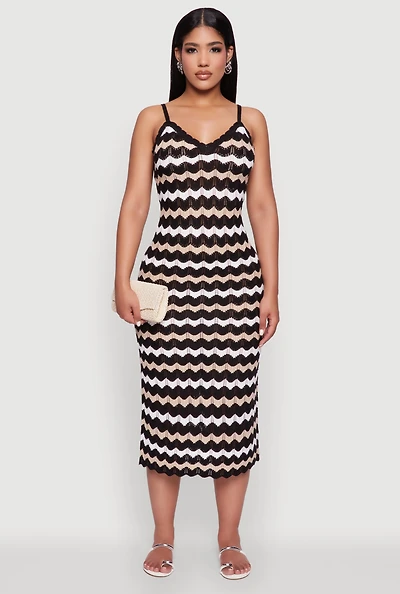 Womens Madden Girl Wavy Striped V Neck Sleeveless Crochet Cami Dress, Multi,